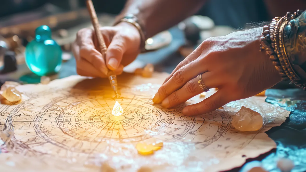 synastry chart free: hands drawing astrology birth chart illustration for this article