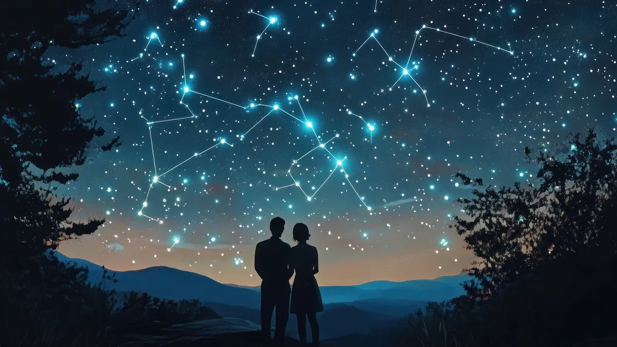 how to get my ex back: night sky constellations couple symbolism illustration for this